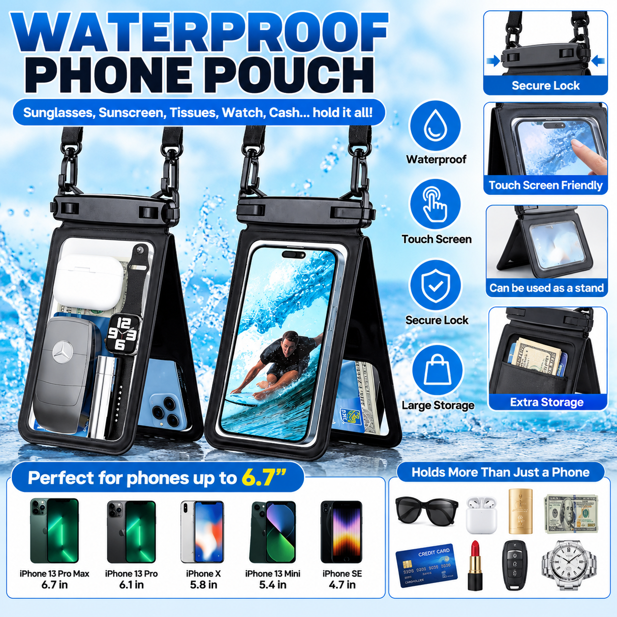 Waterproof Phone Pouch with Touchscreen & Adjustable Strap 7″